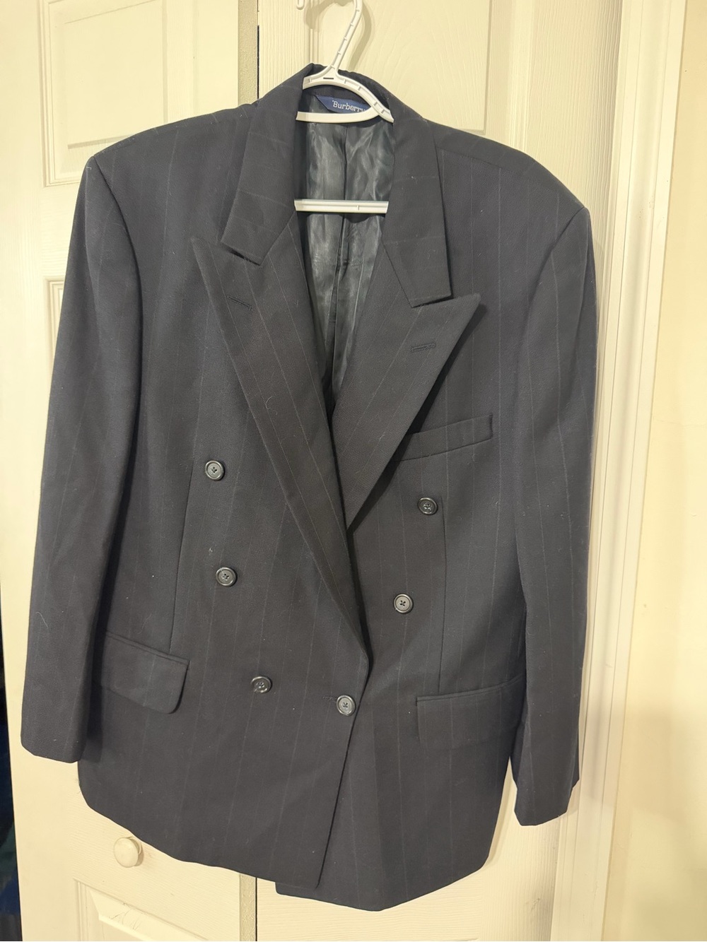 Burberry Men's Navy Pinstripe Double-Breasted Blazer